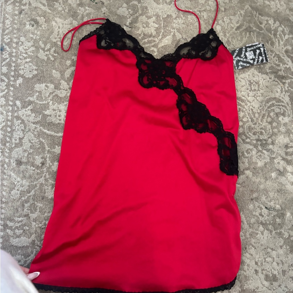 Vintage Red Slip Dress with Black Lace